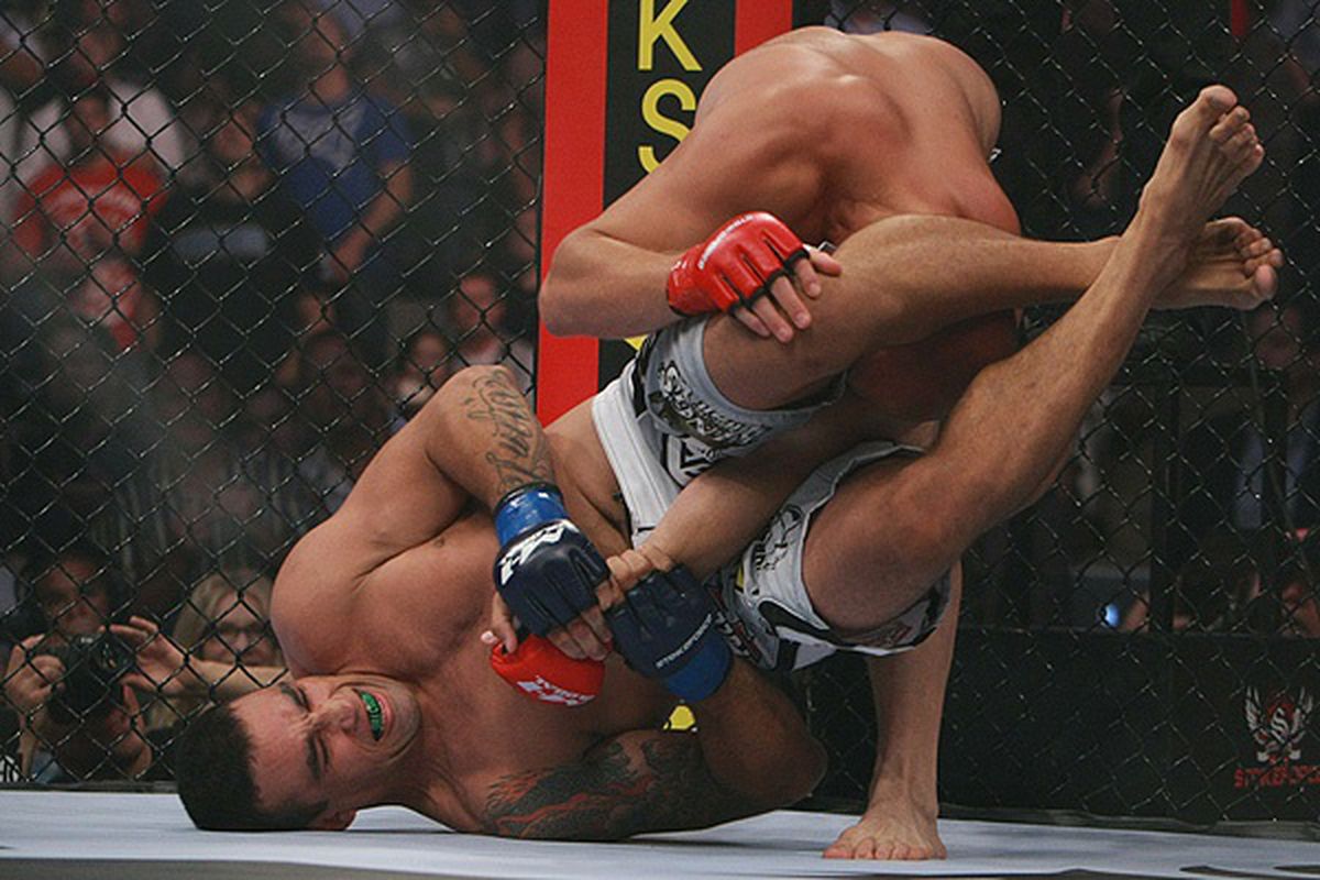 This may be the moment when Fedor lost the fight, did he misjudge the cage? Photo by Dave Mandel via <a href="http://www.cdn.sherdog.com/thumbnail_crop/600/_images/pictures/20100626092250_IMG_1694.JPG">Sherdog.com</a>