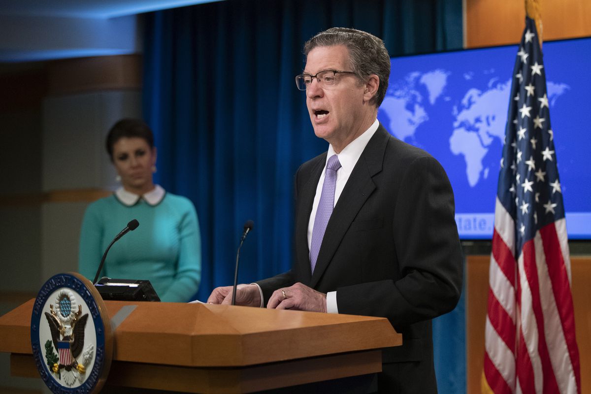 Ambassador at-Large for International Religious Freedom Sam Brownback speaks about the 2018 International Religious Freedom Annual Report at the Department of State in Washington, Friday, June 21, 2019. State Department spokesperson Morgan Ortagus is left