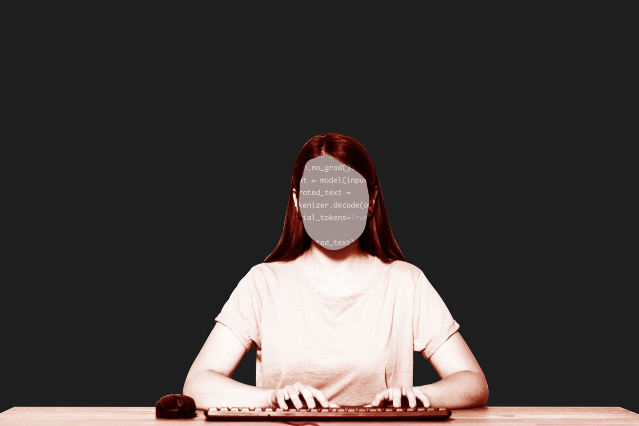 An illustration of a woman typing on a keyboard, her face replaced with lines of code.