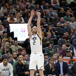 Utah Jazz forward Joe Ingles shoots the ball during a preseason basketball game against the Adelaide 36ers at the Vivint Smart Home Arena in Salt Lake City on Friday, Oct. 5, 2018. The Jazz won 129-99.
