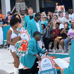 Mark Clayton unveils his place in the Miami Dolphins Walk of Fame on December 2, 2018 in a ceremony in the Joe Robbie Alumni Plaza at Hard Rock Stadium, Miami Gardens, Florida.