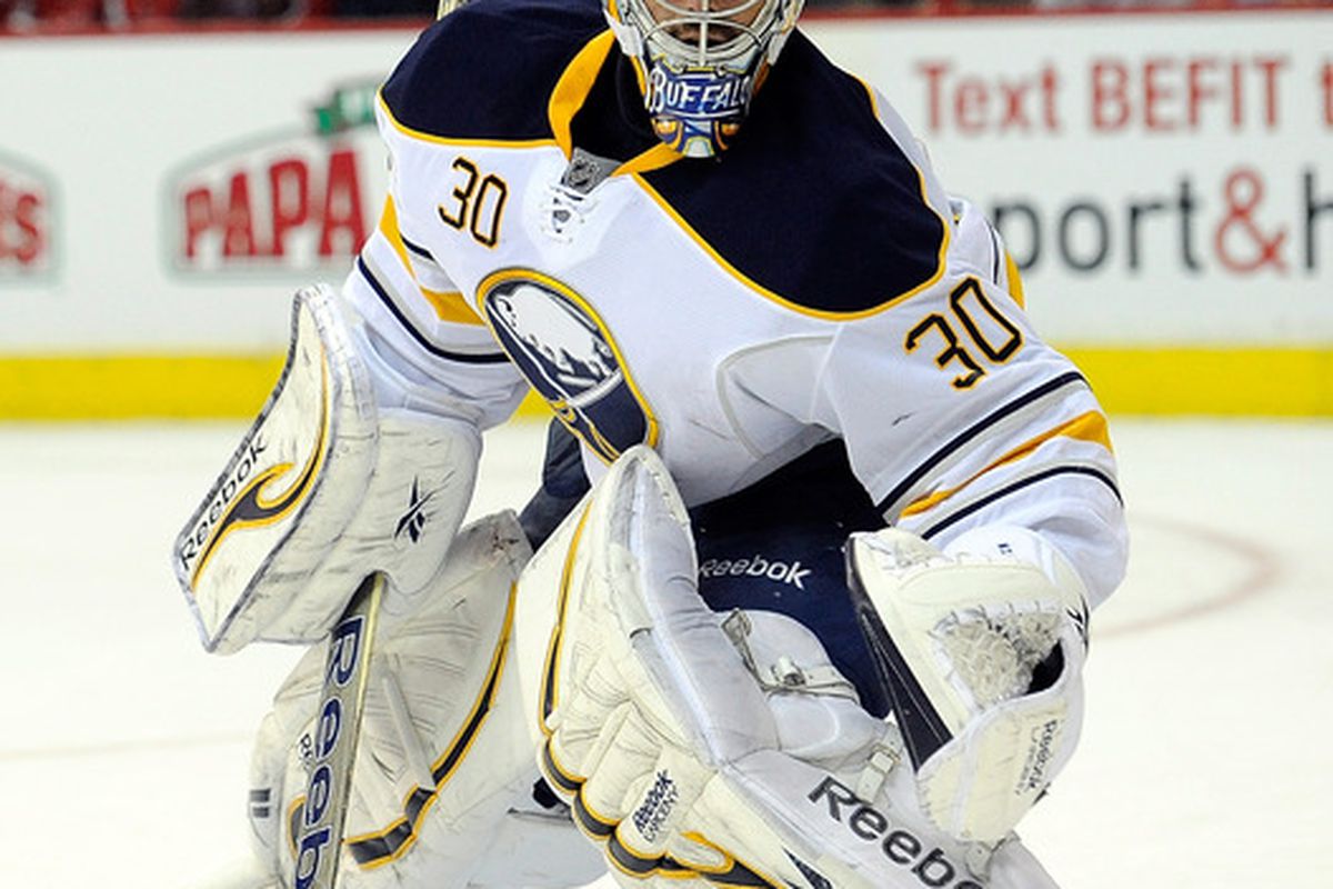 WASHINGTON, DC - DECEMBER 30:  Ryan Miller #30 of the Buffalo Sabres defends his net during a game against the Washington Capitals at Verizon Center on December 30, 2011 in Washington, DC.  (Photo by Patrick McDermott/Getty Images)