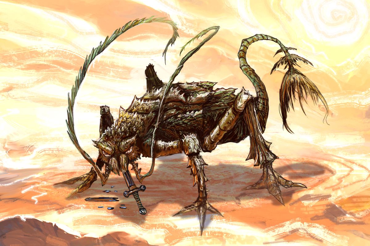 A reimagine rust monster, eating a sword in the desert.