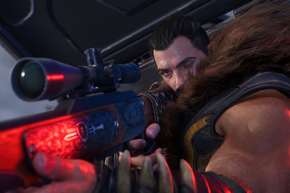 in this Spider-Man 2 screenshot, Kraven the Hunter looks through the scope of a sniper rifle while standing inside a helicopter in the air