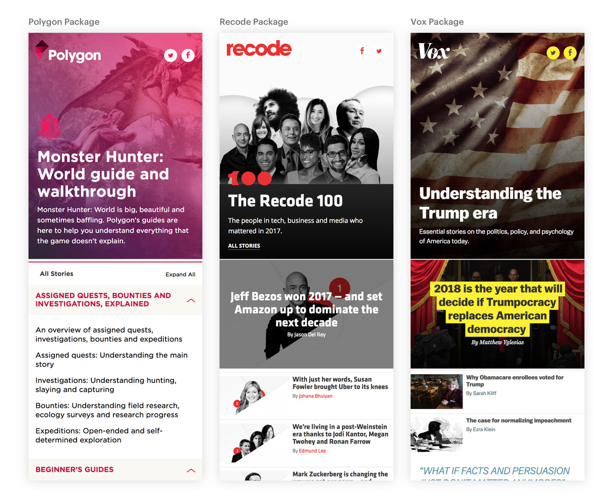 Screenshot of mobile landing pages of Polygon, Recode, and Vox