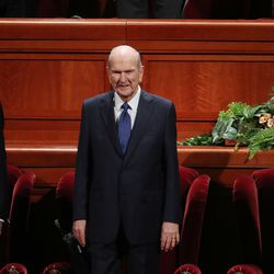 President Russell M. Nelson, center, and his counselors, President Dallin H. Oaks, first counselor in the First Presidency, left, and President Henry B. Eyring, second counselor in the First Presidency, right, enter the Conference Center prior to the Sunday morning session of the 189th Annual General Conference of The Church of Jesus Christ of Latter-day Saints in the Conference Center in Salt Lake City on Sunday, April 7, 2019.