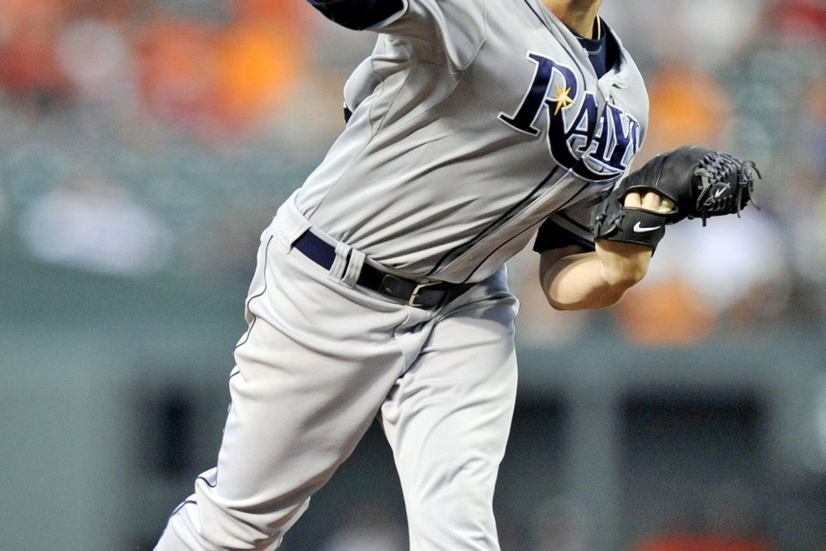 July 24, 2012; Baltimore, MD, USA; Tampa Bay Rays starting pitcher Jeremy Hellickson (58) pitches in the fourth inning against the Baltimore Orioles at Oriole Park at Camden Yards. Mandatory Credit: Joy R. Absalon-US PRESSWIRE