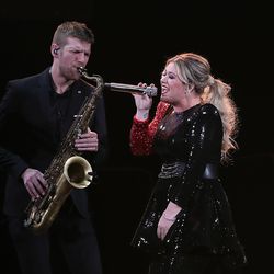 Kelly Clarkson with a member of her band at Vivint Smart Home Arena on Jan. 30, 2018 in Salt Lake City, Utah.