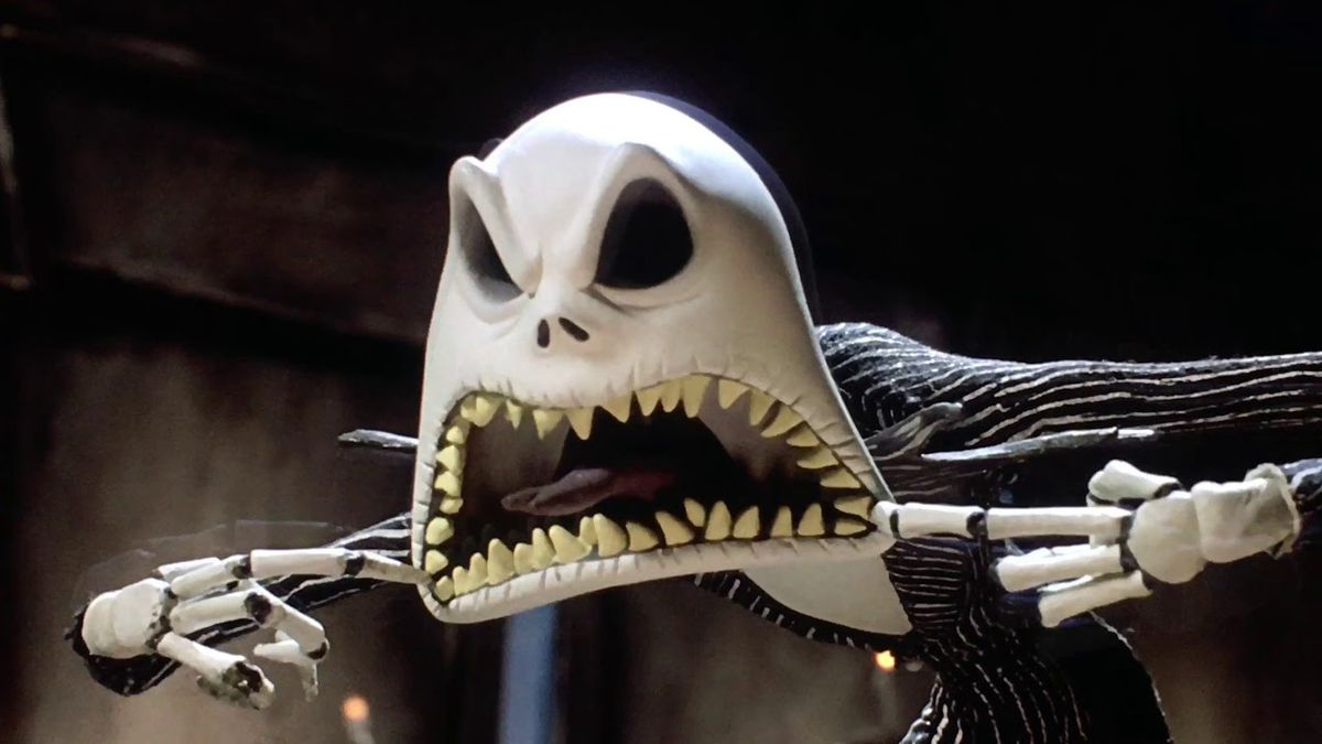 Jack Skellington from The Nightmare Before Christmas stretching his mouth full of fanged teeth open