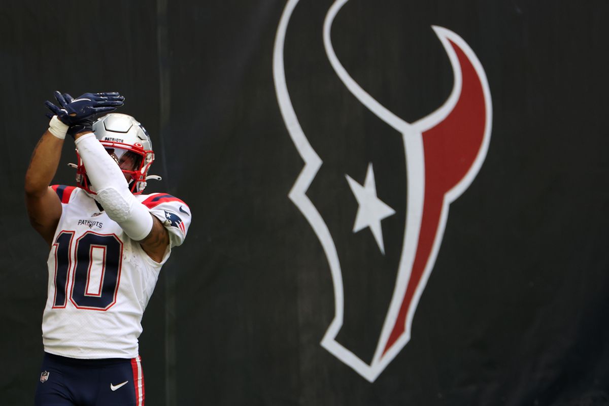 Damiere Byrd #10 of the New England Patriots celebrates catching a touchdown pass during their game against the Houston Texans at NRG Stadium on November 22, 2020 in Houston, Texas.