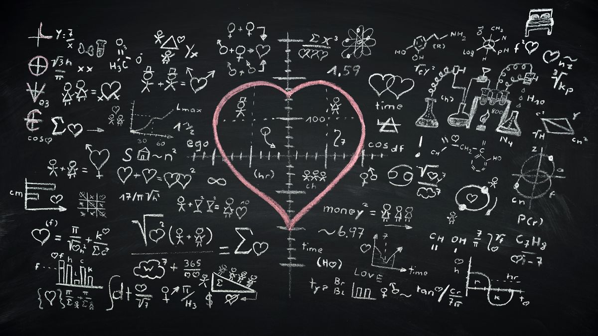 An illustration of a chalkboard covered in formulas with a valentine heart superimposed in the middle.