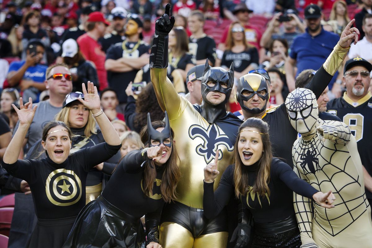 SANTA CLARA, CA - New Orleans Saints fans dressed as superheroes cheer during a game against the San Francisco 49ers at Levi’s Stadium.