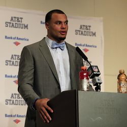 Dallas Cowboys quarterback Dak Prescott responds to questions during a news conference after their NFL football game against the Baltimore Ravens on Sunday, Nov. 20, 2016, in Arlington, Texas. (AP Photo/Ron Jenkins)
