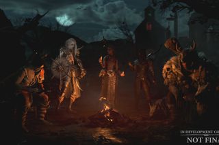 หน้าจอการเลือกตัวละครใน Diablo 4 แสดงให้เห็นถึงคนป่าเถื่อนนักเวทย์มนตร์หมอผีโกงและดรูอิดรวมตัวกันรอบกองไฟในเวลากลางคืน