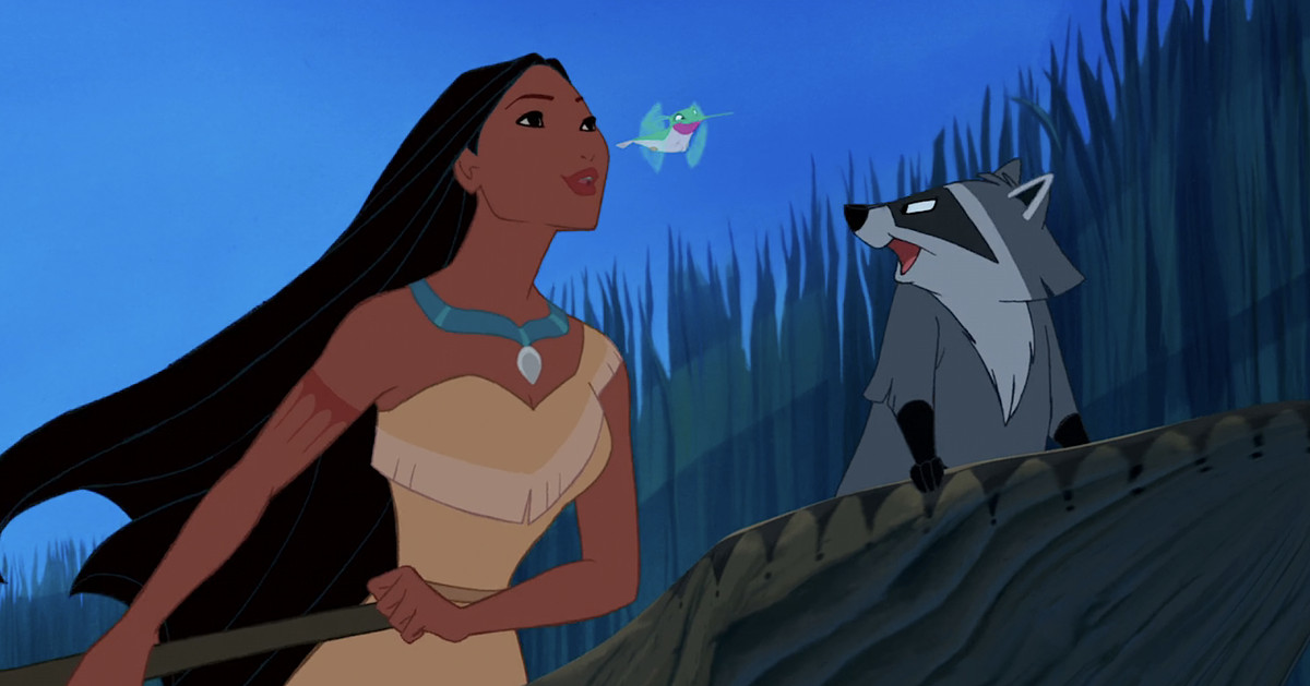 Pocahontas sings as she navigates a white-water rapid with her raccoon and hummingbird friends in Pocahontas