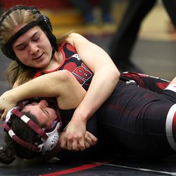 Jade Garcia of Grantsville and Zarieh Power of Mountain View wrestle in the 132 weight class at the 5A/3A/2A/1A girls wrestling state championship meet at Mountain View High School in Orem on Wednesday, Feb. 17, 2021.
