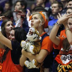 Brighton fans cheer on the Bengals in their 65-56 victory over Hunter in the 5A boys state basketball quarterfinals at the Dee Events Center in Ogden Wednesday, Feb. 25, 2015.