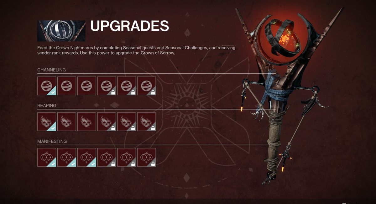 The Crown of Sorrow upgrade tier menu from Destiny 2: Season of the Haunted