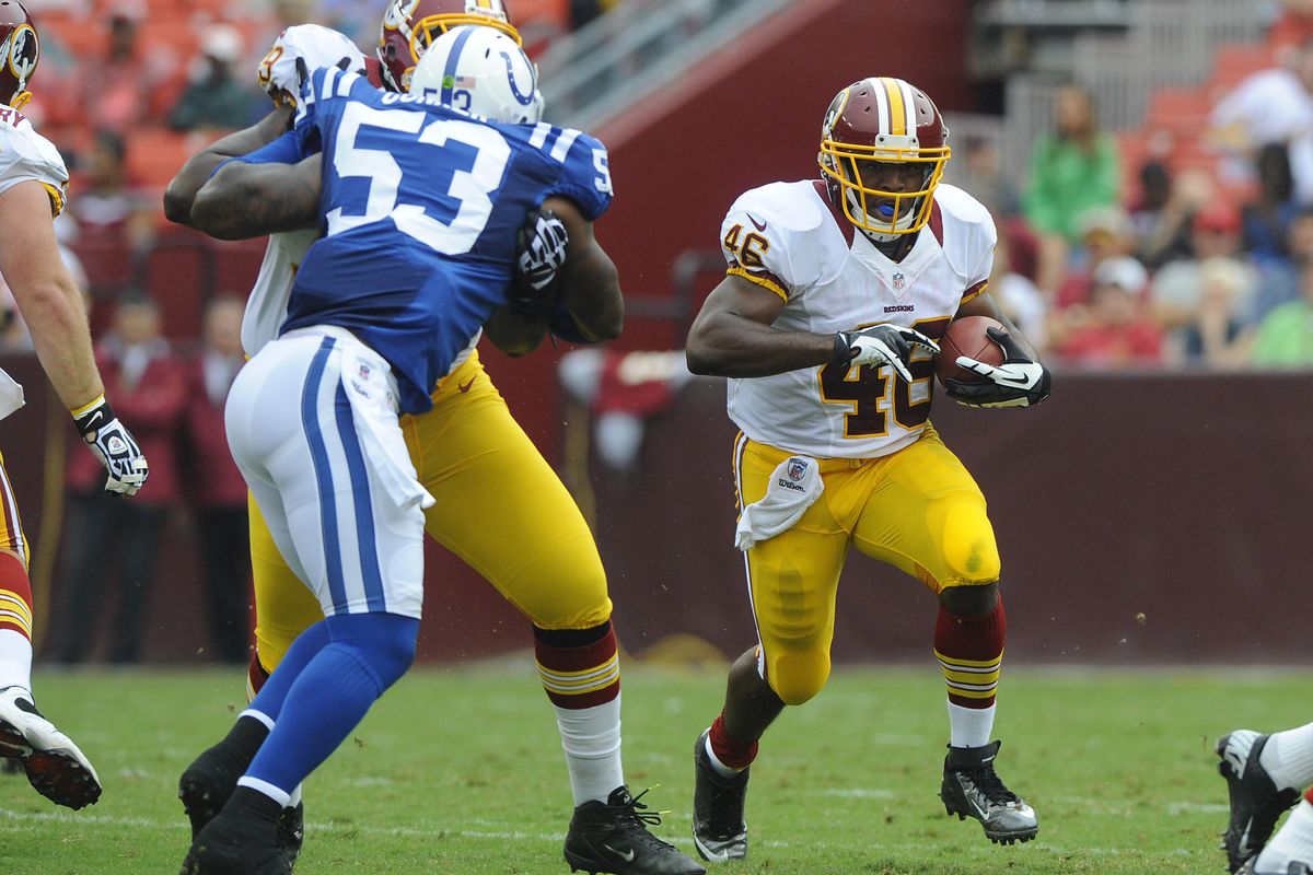 Aug 25, 2012; Landover, MD, USA; Washington Redskins running back Alfred Morris (46) runs the ball during the first half against the Indianapolis Colts at FedEX Field. Mandatory Credit: Brad Mills-US PRESSWIRE