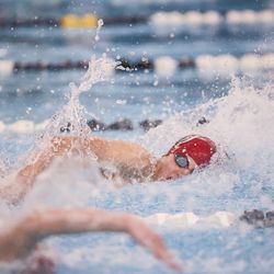American Fork’s swimmer swims in men’s 200-yard freestyle relay at the 6A Swimming State Championships at Brigham Young University in Provo on Saturday, Feb. 19, 2022.