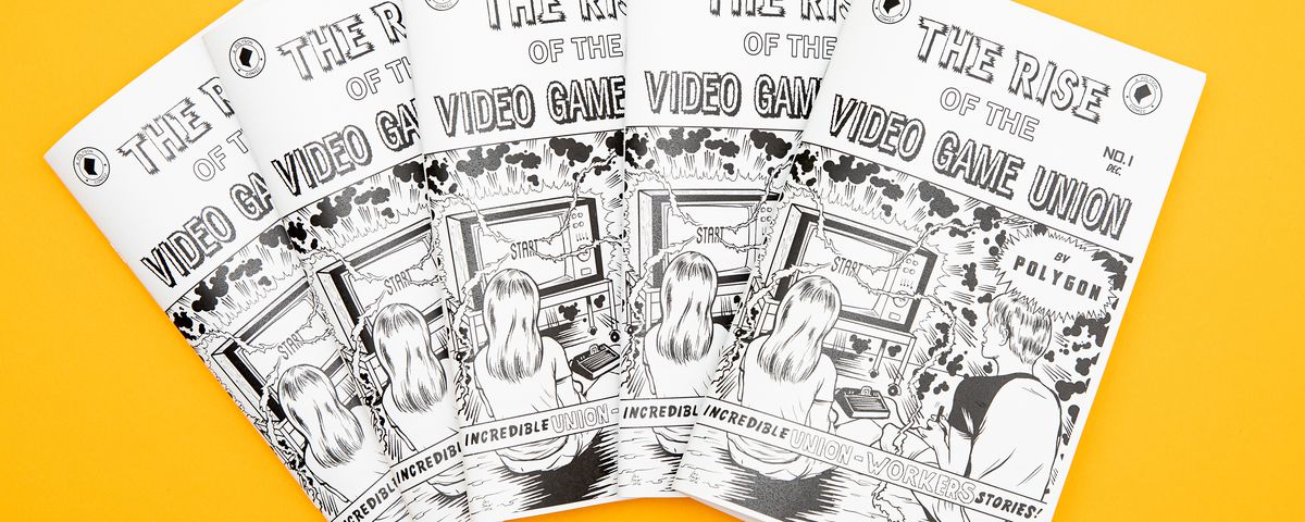 a spread of five copies of the zine The Rise of the Video Game Union photographed on a yellow background