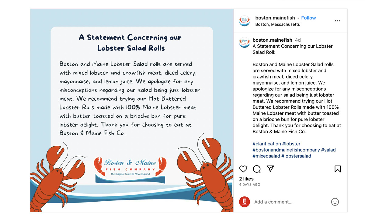 A screenshot of an Instagram post with text spelling out a clarification that lobster and crawfish meat are used in the vendor’s lobster salad.