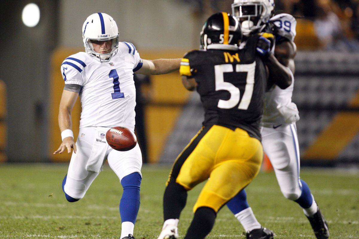 August 19, 2012; Pittsburgh, PA, USA; Indianapolis Colts punter Pat McAfee (1) punts the ball against the Pittsburgh Steelers during the third quarter at Heinz Field. The Pittsburgh Steelers won 26-24. Mandatory Credit: Charles LeClaire-US PRESSWIRE