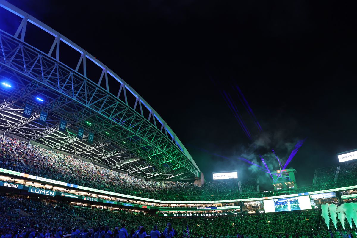 An overall view of Lumen Field prior to a game between the Seattle Seahawks and the San Francisco 49ers on November 23, 2023 in Seattle, Washington.