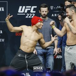 John Dodson and Pedro Munhoz square off at UFC 222 weigh-ins.