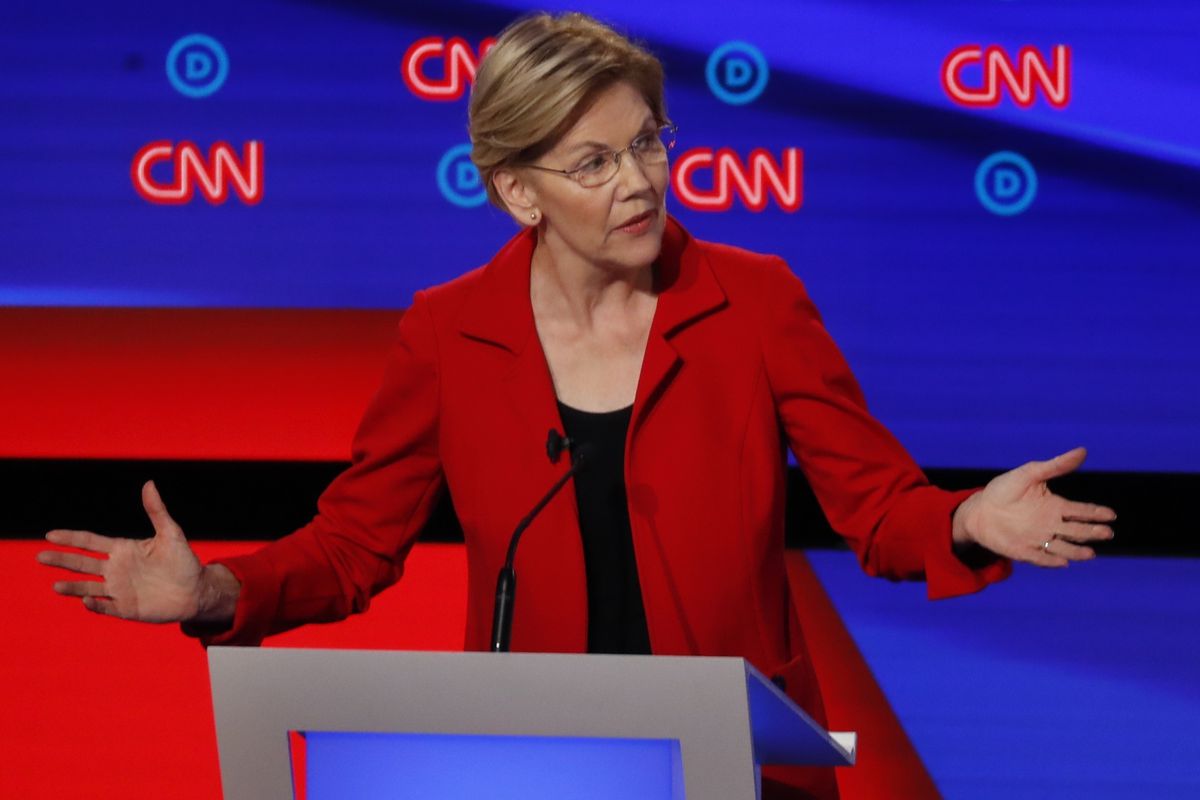 Sen. Elizabeth Warren, D-Mass., participates in the first of two Democratic presidential primary debates hosted by CNN Tuesday, July 30, 2019, in the Fox Theatre in Detroit.