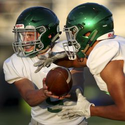 Provo quarterback Luke Haslem hands the ball off to running back Dallin Havea during a football game against Springville at Springville High School on Friday, Sept. 13, 2019.
