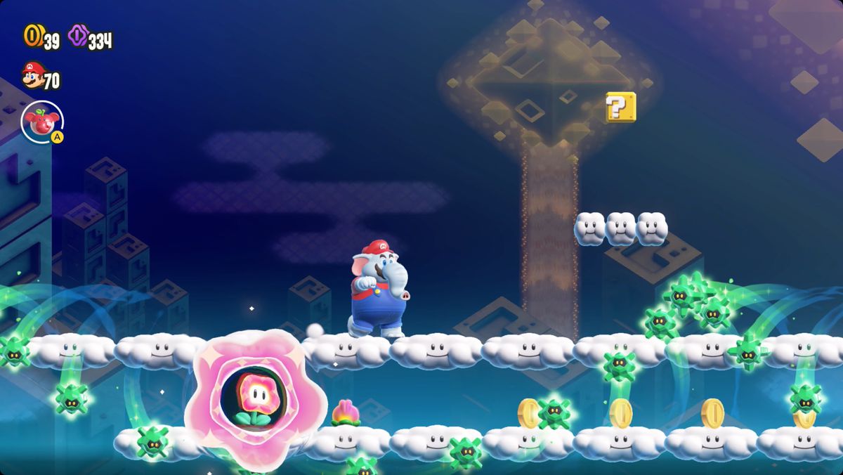 Super Mario Bros. Wonder The Sugarstar Trial: Across the Night Sky screenshot showing the Wonder Flower location.