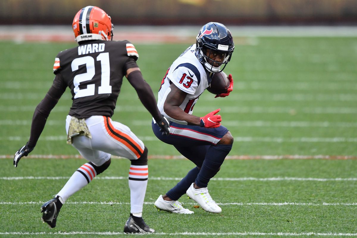 Brandin Cooks #13 of the Houston Texans runs with the ball against the Cleveland Browns at FirstEnergy Stadium on November 15, 2020 in Cleveland, Ohio.