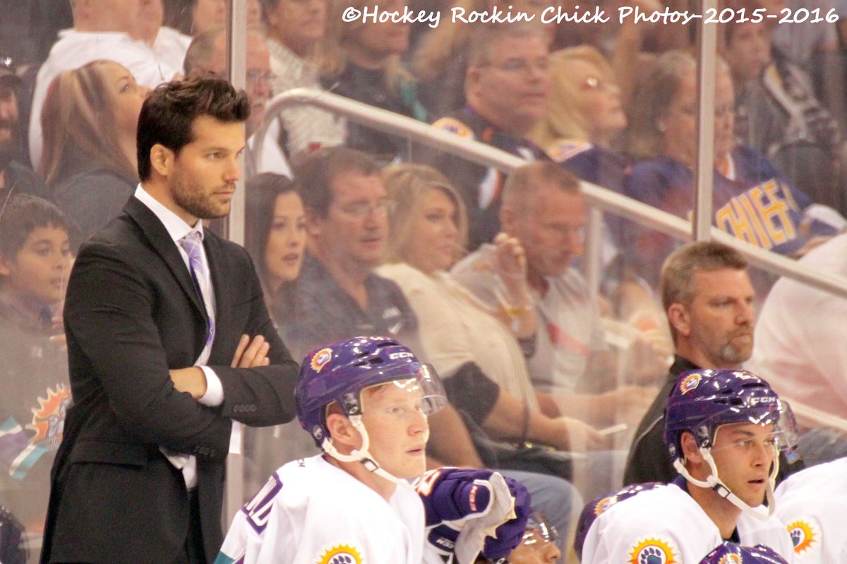 Anthony Noreen coaches his first professional game in the Orlando Solar Bears season opener