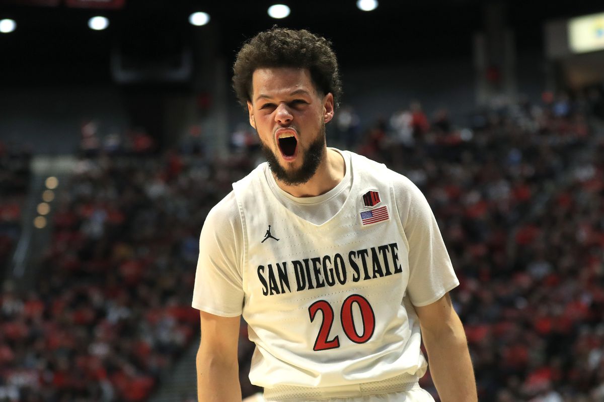Jordan Schakel of the San Diego State Aztecs reacts to a turnover during the second half of a game against the Colorado State Ramsat Viejas Arena on February 25, 2020 in San Diego, California.