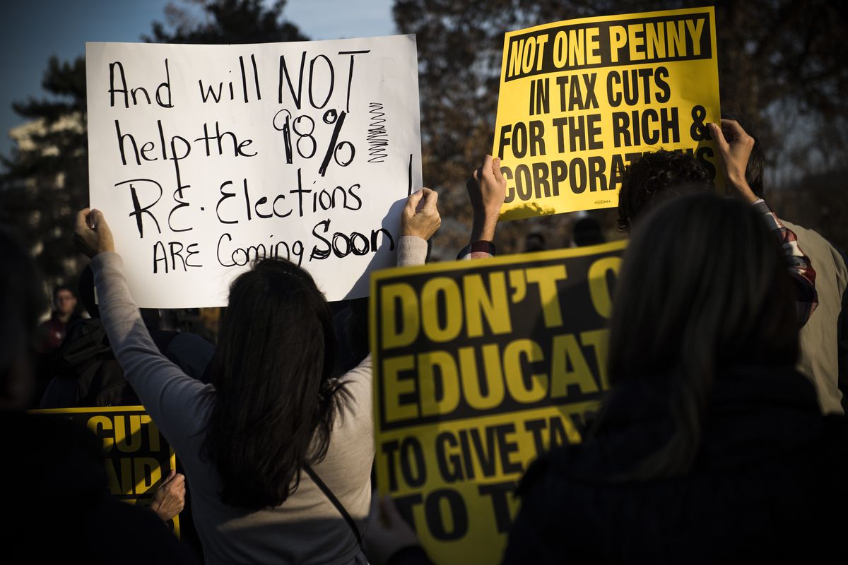 Demonstrators against the Republican tax reform bill hold a “Peoples Filibuster to Stop Tax Cuts for Billionaires,” on November 30, 2017.