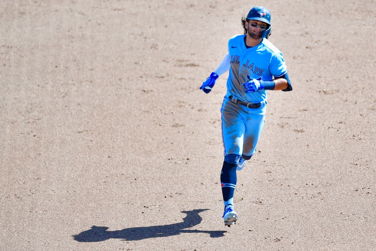 Bo Bichette #11 of the Toronto Blue Jays runs the bases after hitting a walk-off home run in the ninth inning against the New York Yankees at TD Ballpark on April 14, 2021 in Dunedin, Florida.