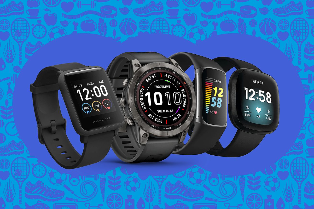 Apple Watch, Garmin Epix, Fitbit, and Amazfit Bip fitness trackers on a stylized blue background.