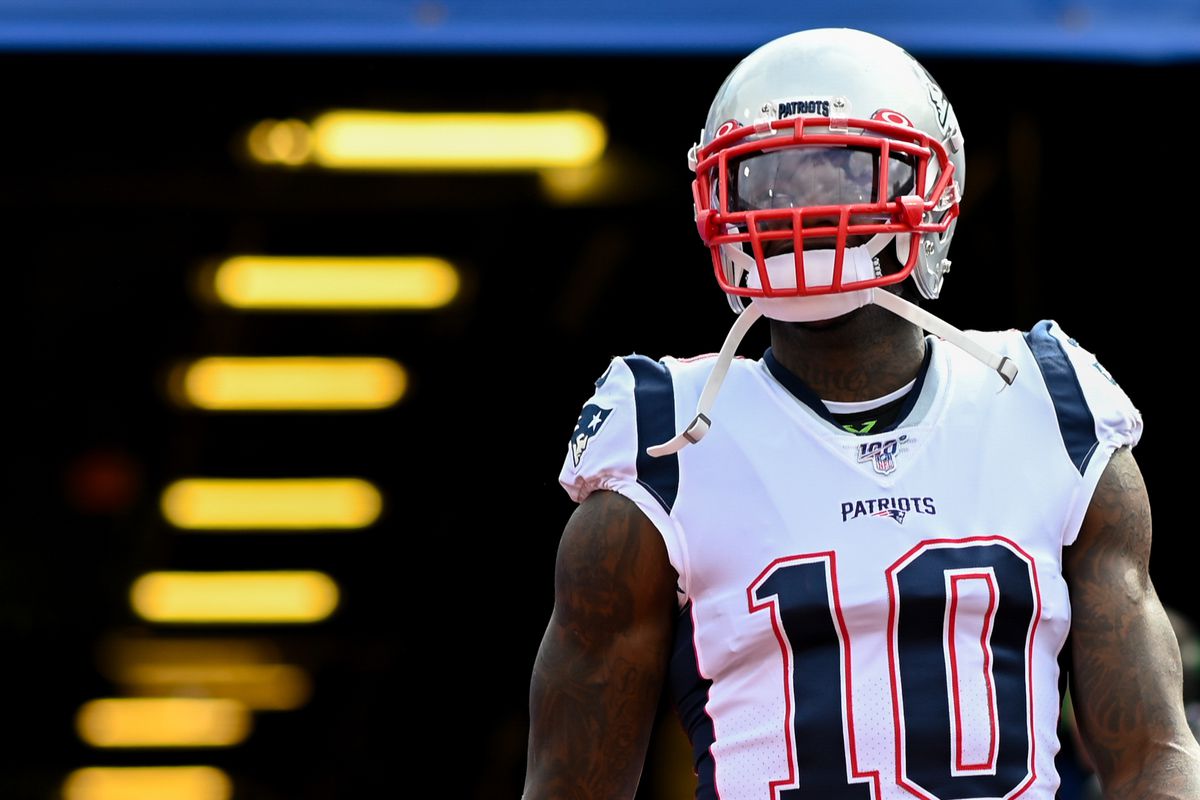 New England Patriots wide receiver Josh Gordon enters the field prior to the game between the Buffalo Bills and the New England Patriots at New Era Field.