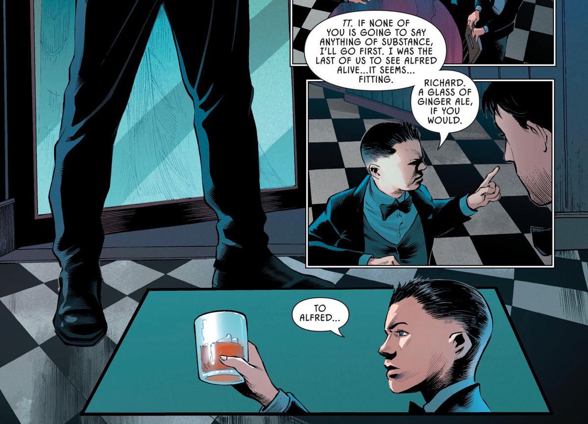 Damian Wayne orders a ginger ale and lifts it in toast to Alfred Pennyworth in Batman: Pennyworth R.I.P., DC Comics (2020). 