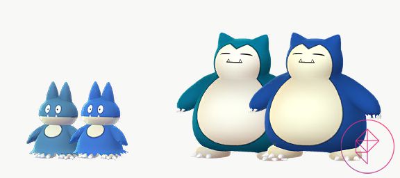 Shiny Snorlax and Munchlax with their regular forms. Both shinies are more blue in color.