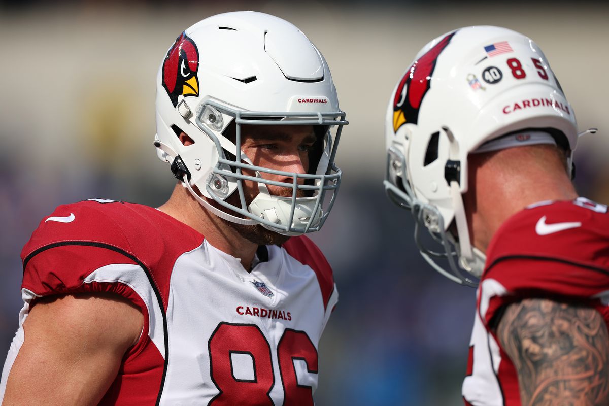 Zach Ertz #86 of the Arizona Cardinals and Trey McBride #85 during warm up before the game against the Los Angeles Rams at SoFi Stadium on November 13, 2022 in Inglewood, California.