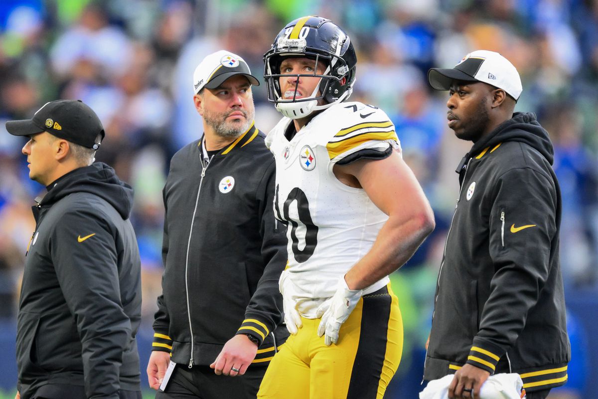 T.J. Watt #90 of the Pittsburgh Steelers looks on after being injured during the fourth quarter of a game against the Seattle Seahawks at Lumen Field on December 31, 2023 in Seattle, Washington.