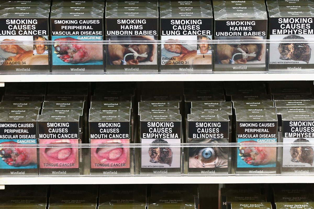 Australian cigarette packages have graphic health warnings.