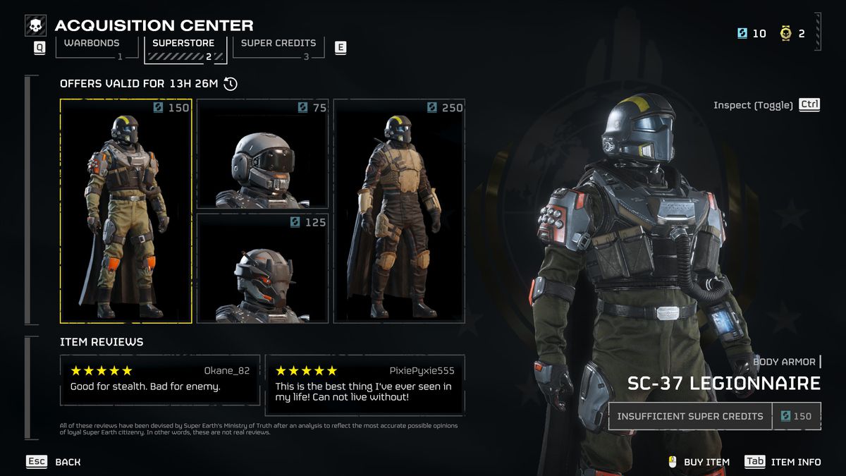 The Acquisition Center menu in Helldivers 2. We're on the Superstore tab, which shows some armor sets and helmets for sale with Super Credits, the game's premium currency.