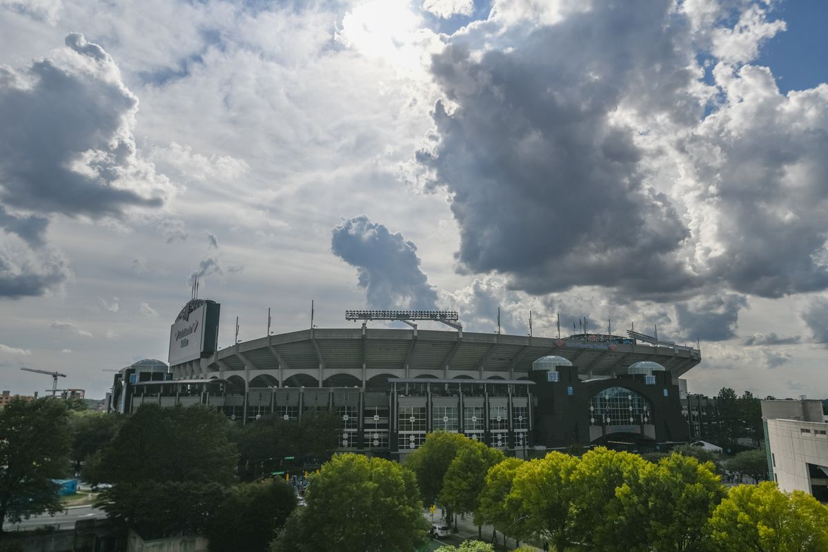 Bank of America Stadium is covered by clouds prior to the preseason game between the Baltimore Ravens and the Carolina Panthers at Bank of America Stadium on August 21, 2021 in Charlotte, NC.