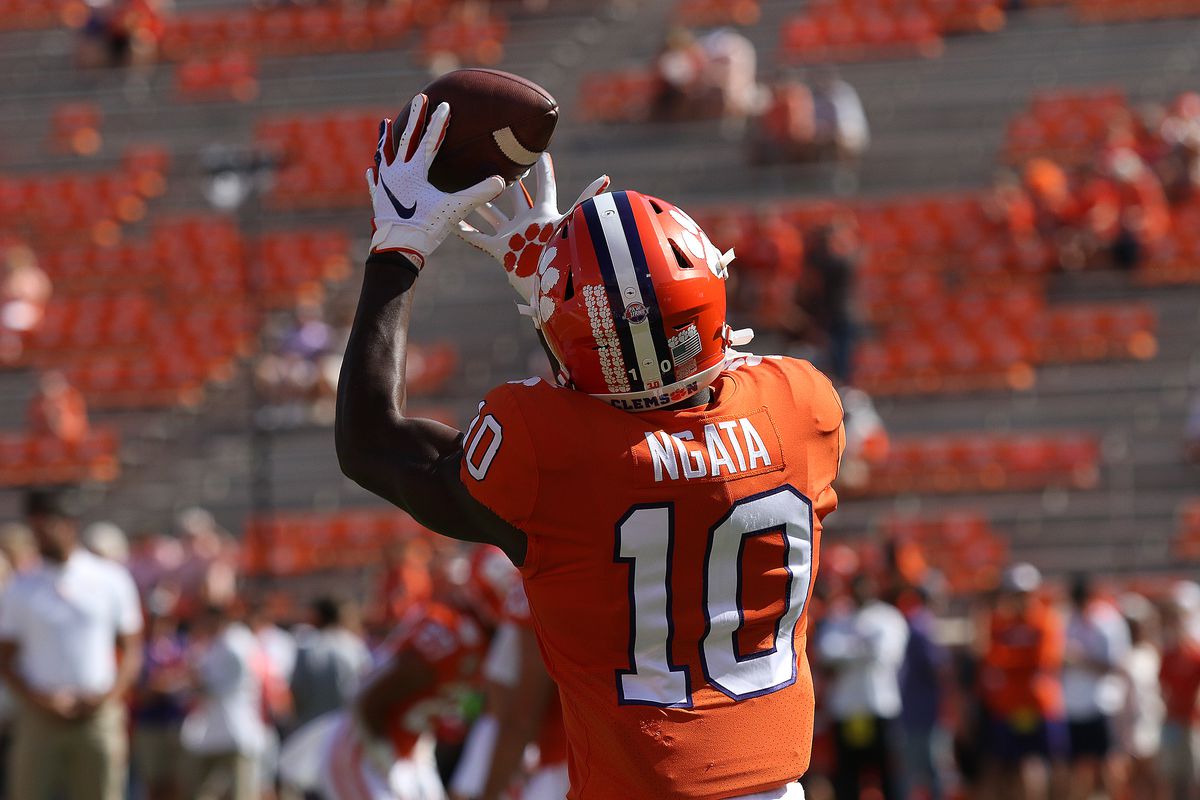 Joseph Ngata wide receiver of Clemson during a college football game between Florida State Seminoles and the Clemson Tigers on October 12, 2019, at Clemson Memorial Stadium in Clemson, SC.