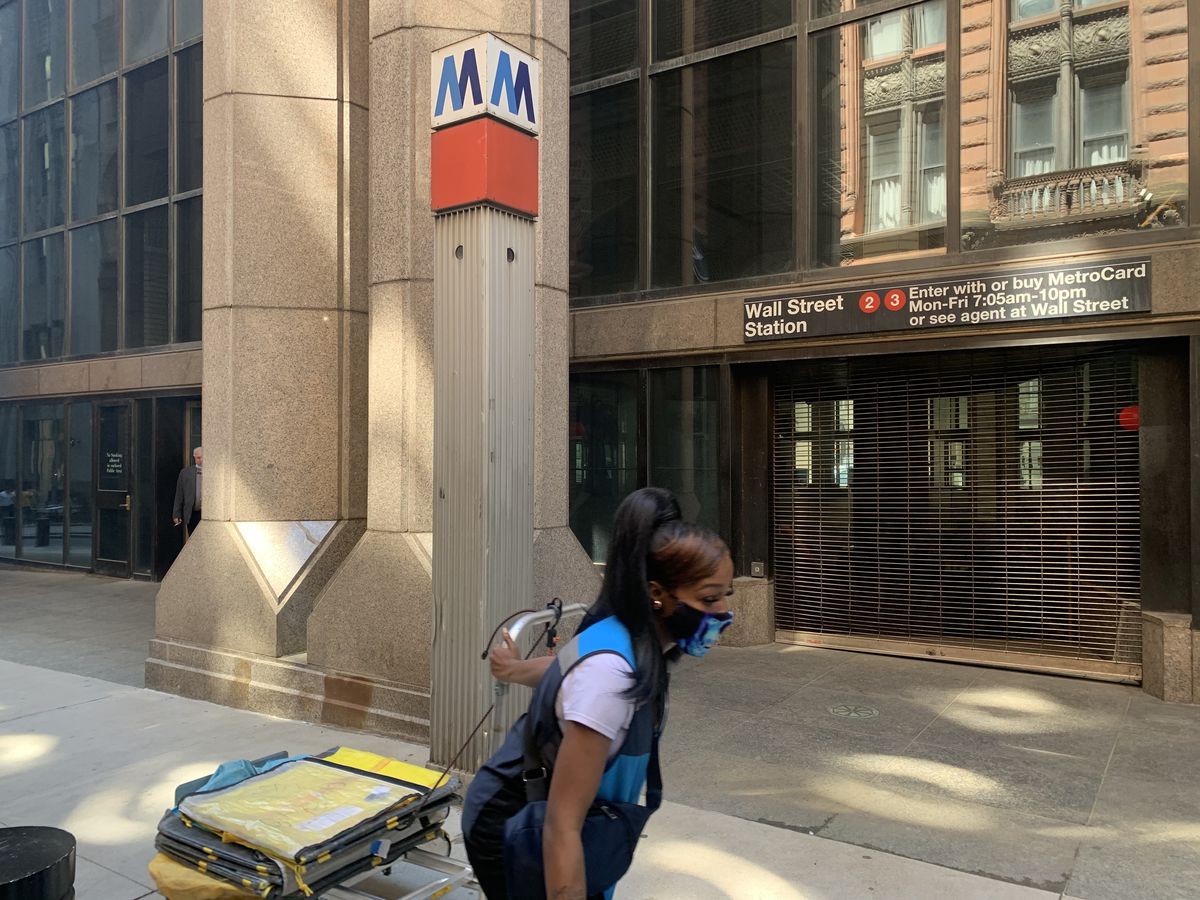 The entrance to the Wall Street stop on the 2/3 lines has been shuttered for more than a year, May 17, 2021.