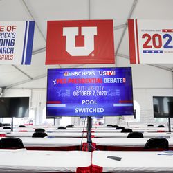A sprawling media tent outside of Kingsbury Hall at the University of Utah in Salt Lake City is pictured on Tuesday, Oct. 6, 2020, in preparation for Wednesday’s vice presidential debate.