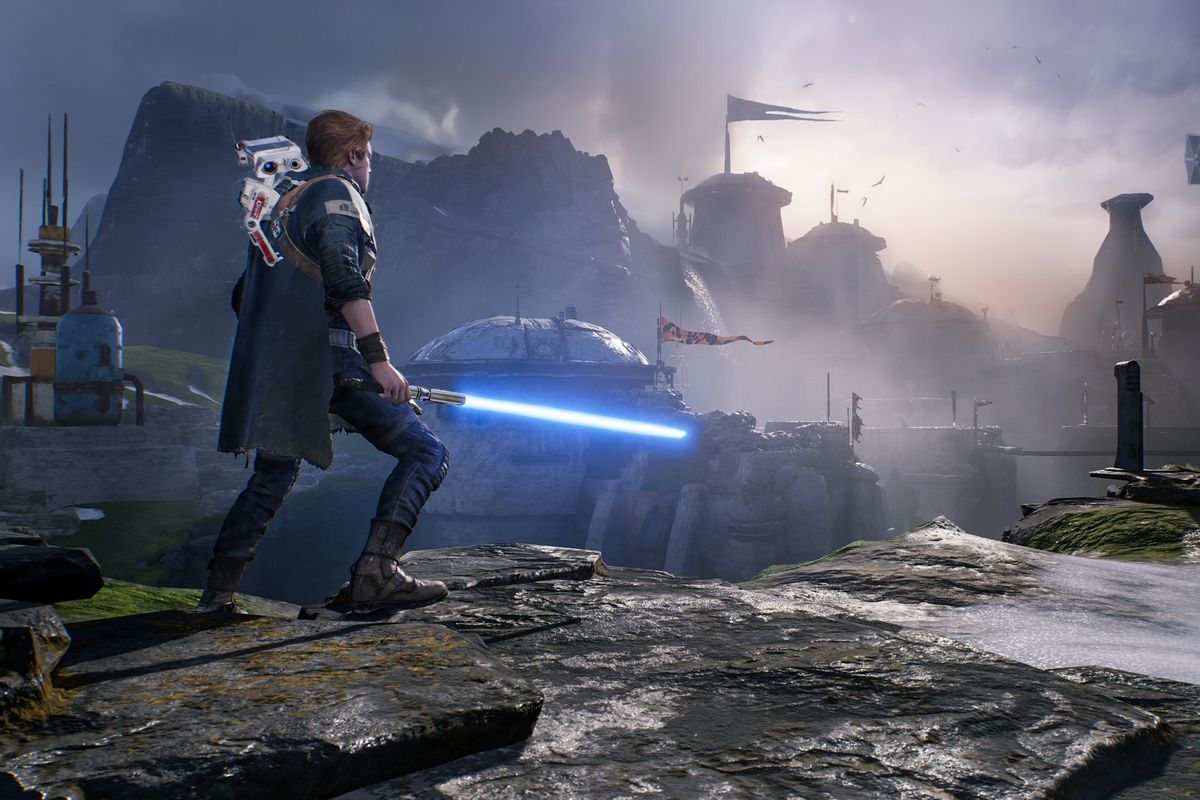 Cal Kestis overlooks a base in a screenshot from Star Wars Jedi: Fallen Order